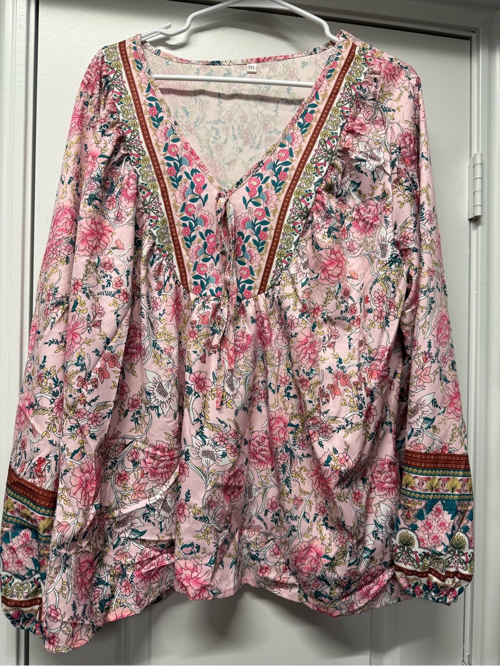 Plus Size 3XL Pink Floral Boho Peasant Top Tie Neck Long Sleeve Blouse